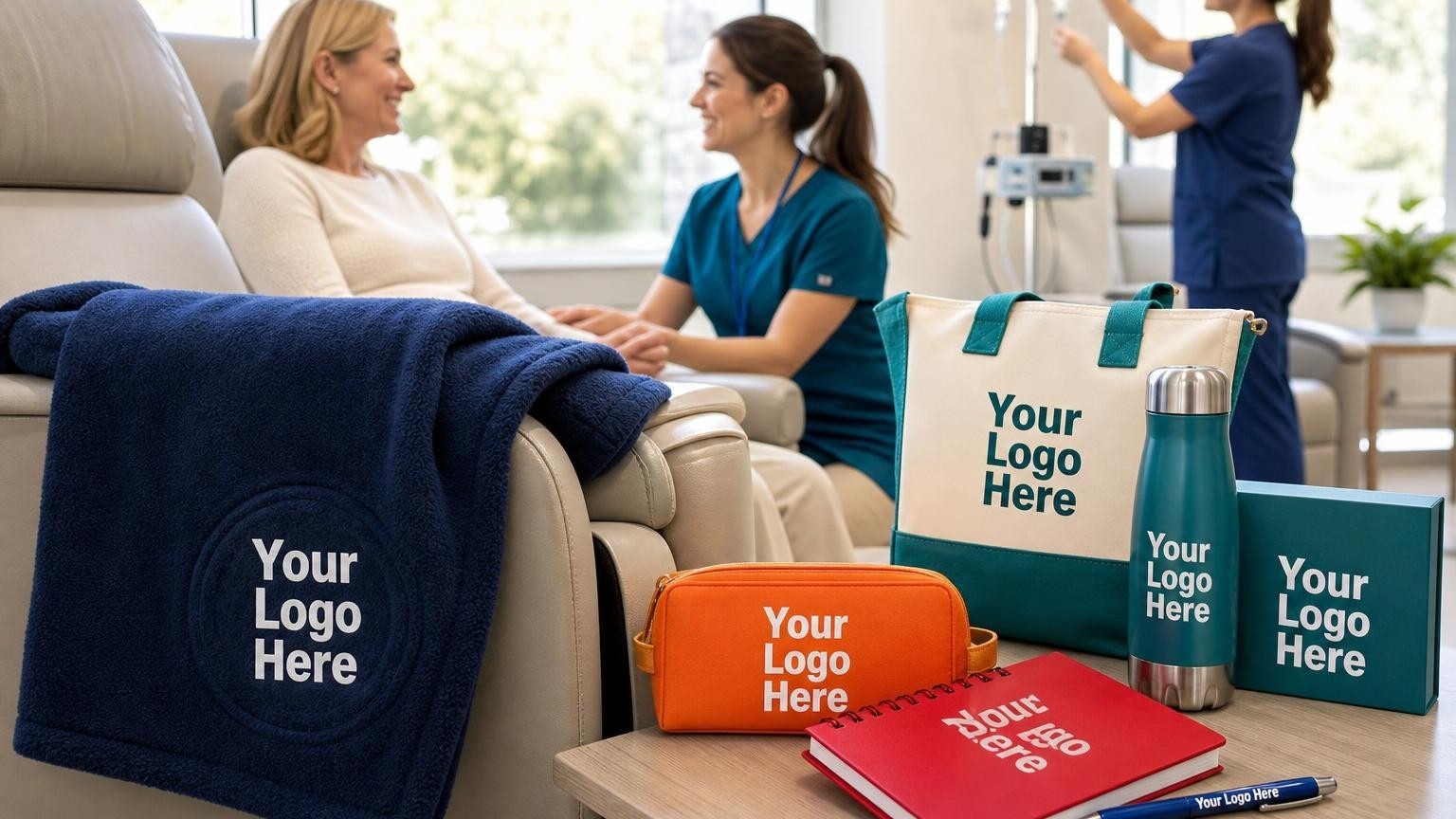 A custom navy blue fleece blanket draped over a modern medical recliner in a bright outpatient infusion suite.