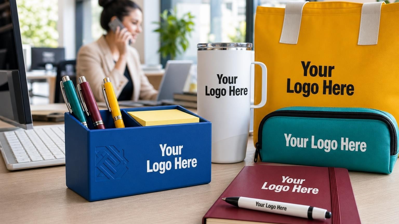 A custom desk organizer on a real estate transaction coordinator's desk, showing a subtle debossed emblem, next to a keyboard in a bright office.