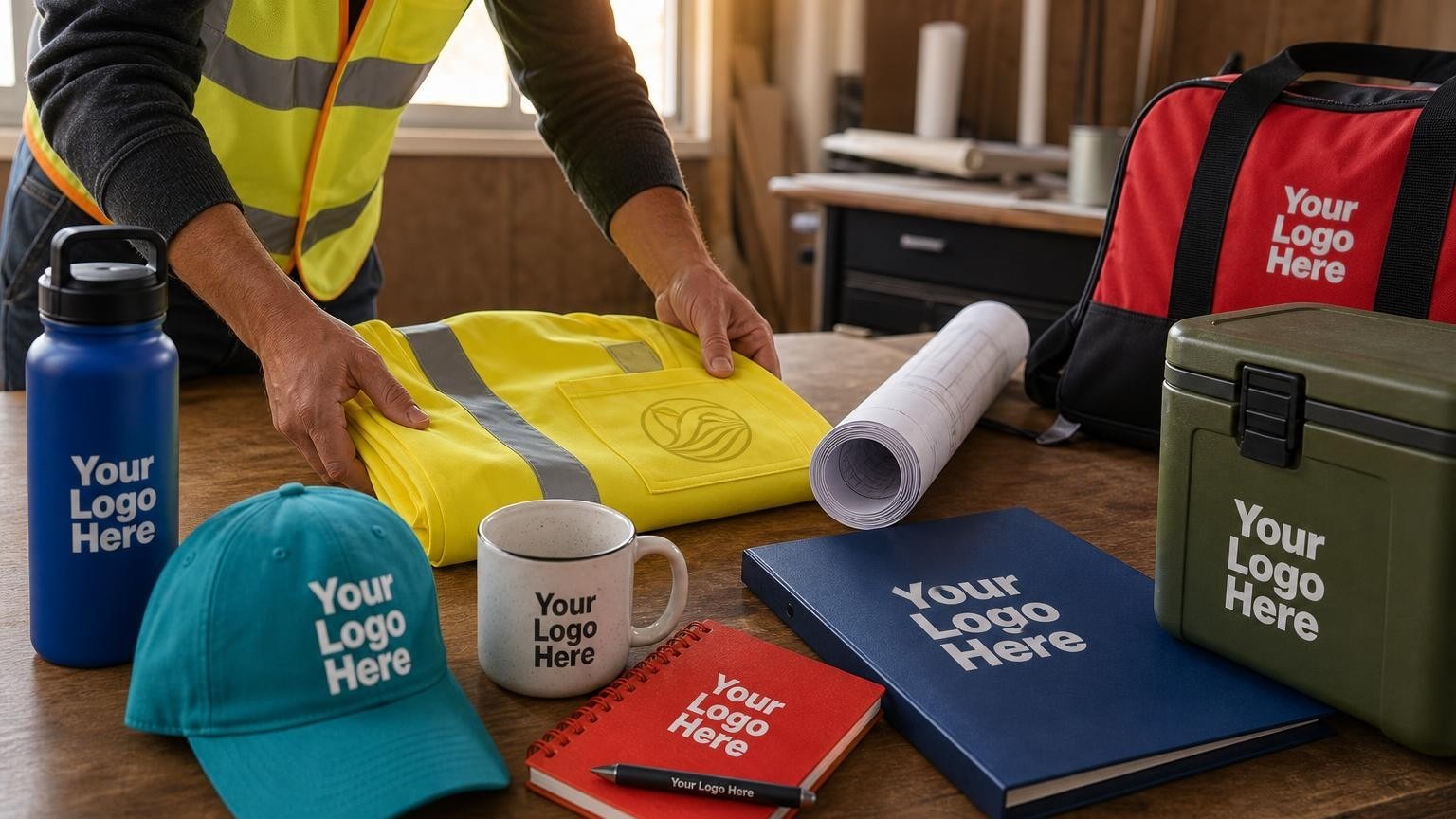 A custom high-visibility safety vest resting on a blueprint table inside a construction site trailer, representing professional brand positioning for insulation subcontractors.
