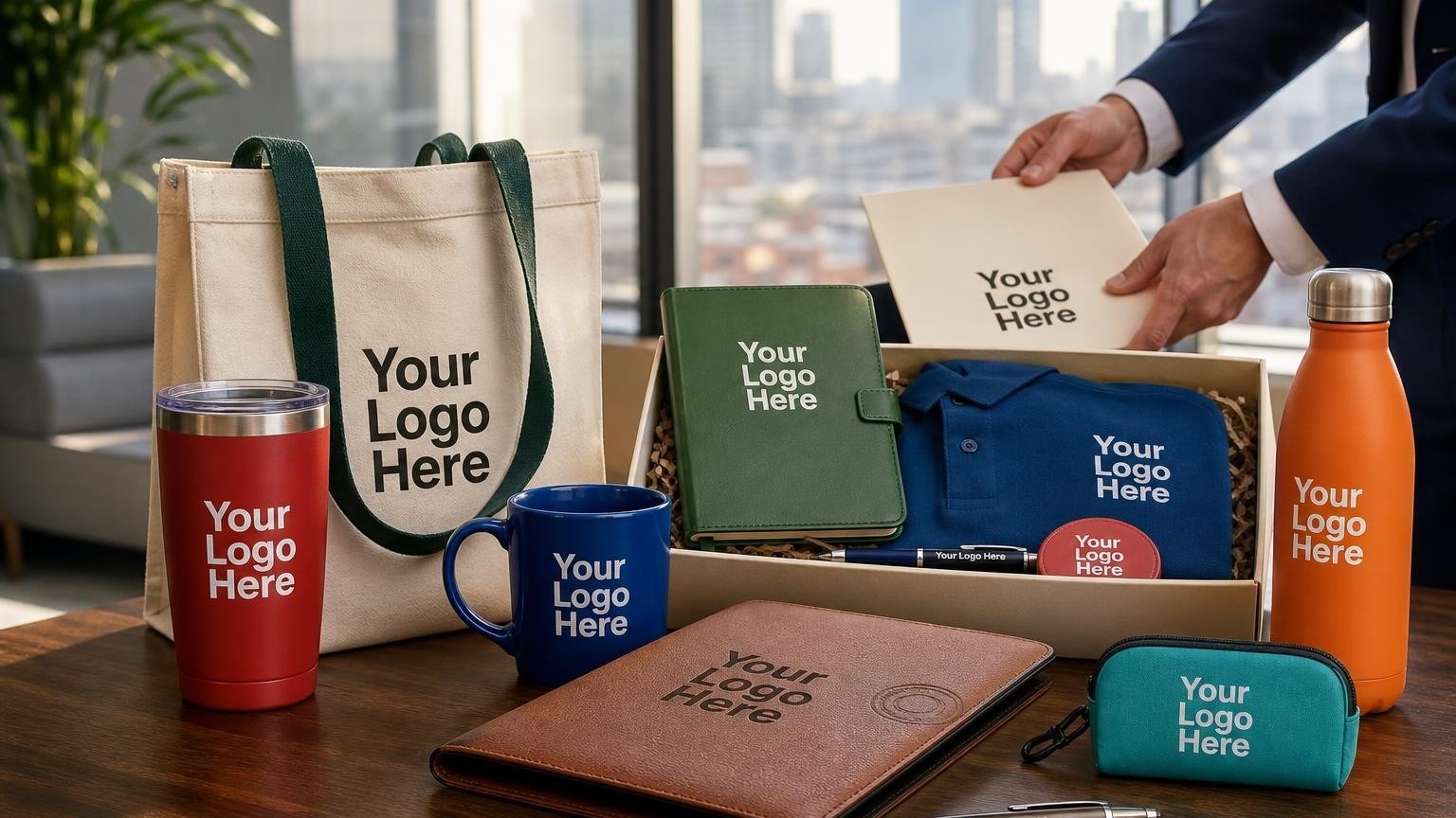 A professional leather portfolio and heavy metal pen on a dark wood desk in a bright office setting, representing high-quality IMO agent tools.