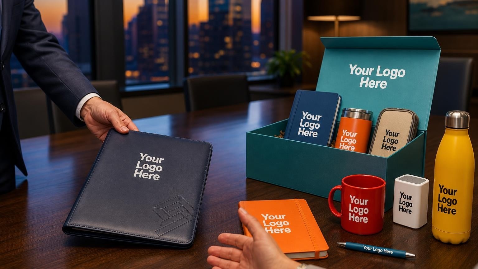 A high-quality navy leather portfolio being presented across a polished wood conference table in a private wealth management office.