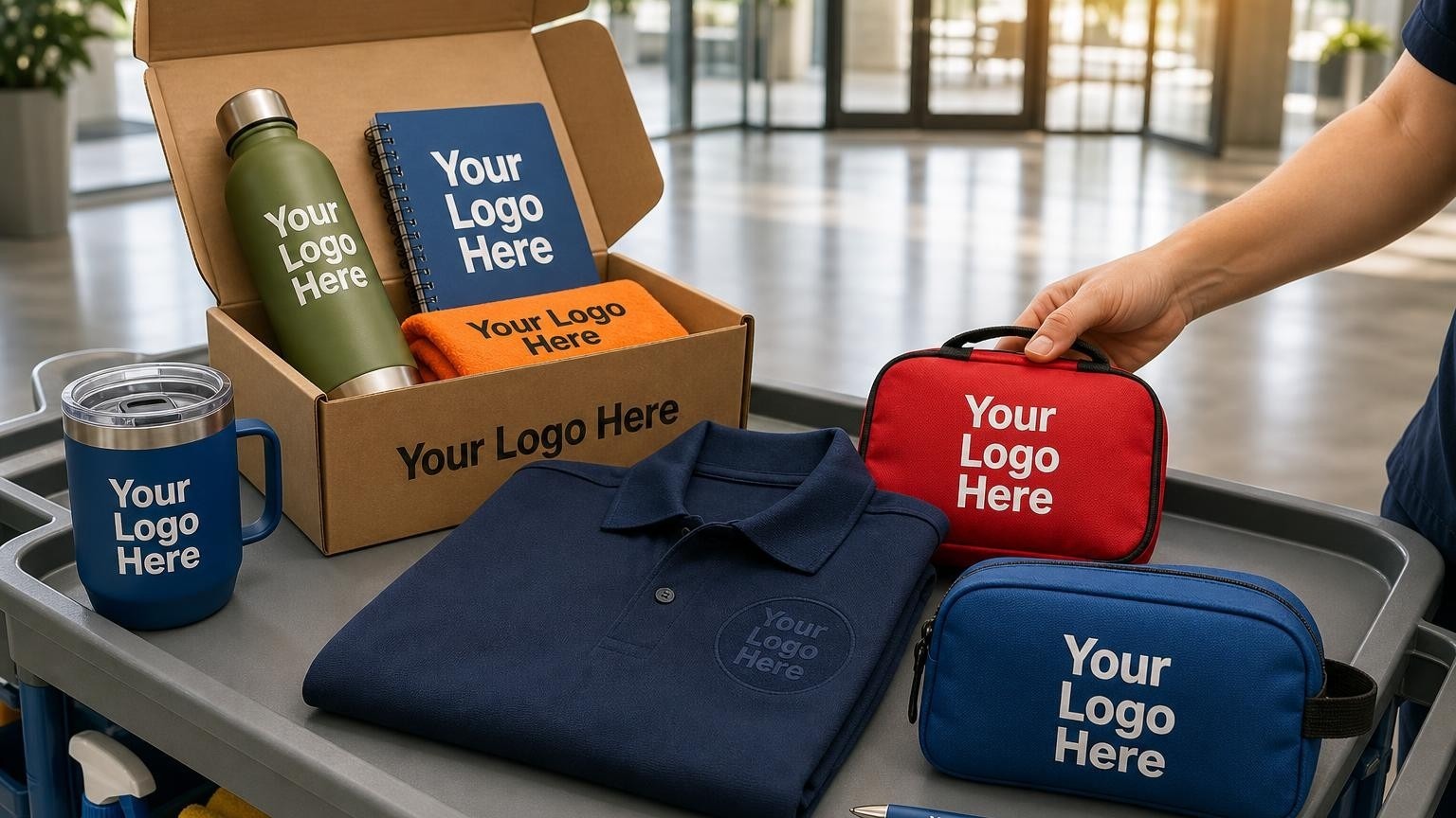 A professional branded janitorial polo shirt and first aid kit resting on a cleaning cart in a modern office lobby.