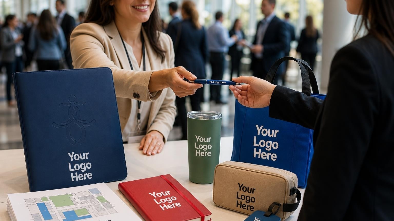 A custom navy blue portfolio and pen resting on a career fair registration table as staff welcome attendees in a convention center lobby.