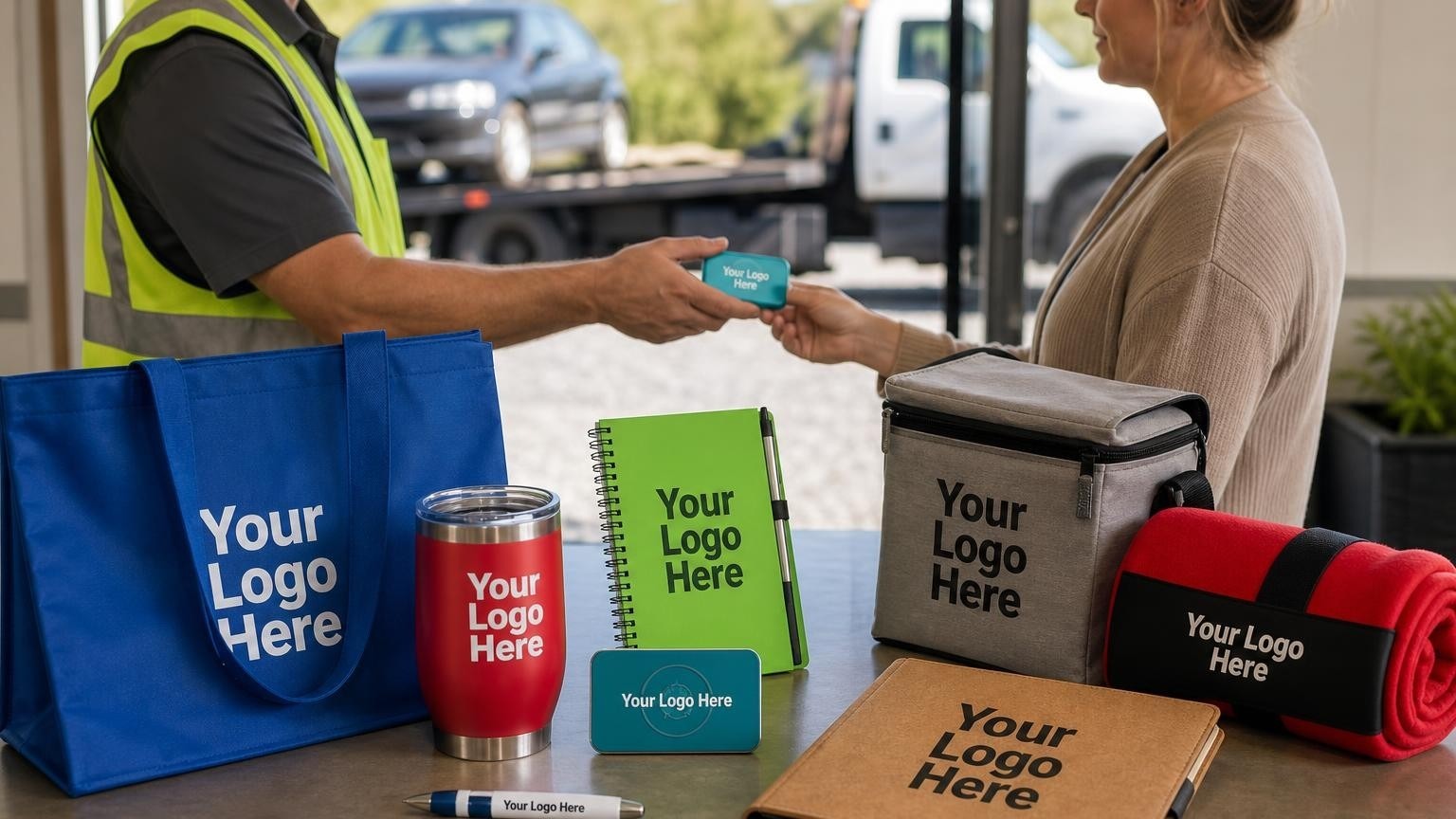 A custom-branded refrigerator magnet and truck keys being handed over on a residential driveway during a vehicle pickup.
