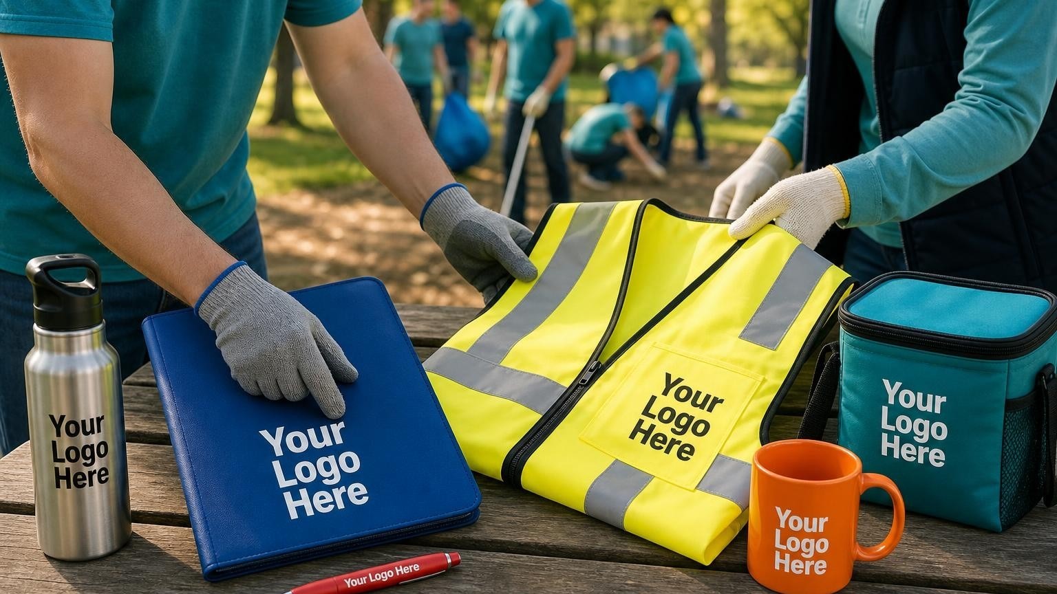 A custom volunteer safety vest and welcome folder on a picnic table during an outdoor community service project.