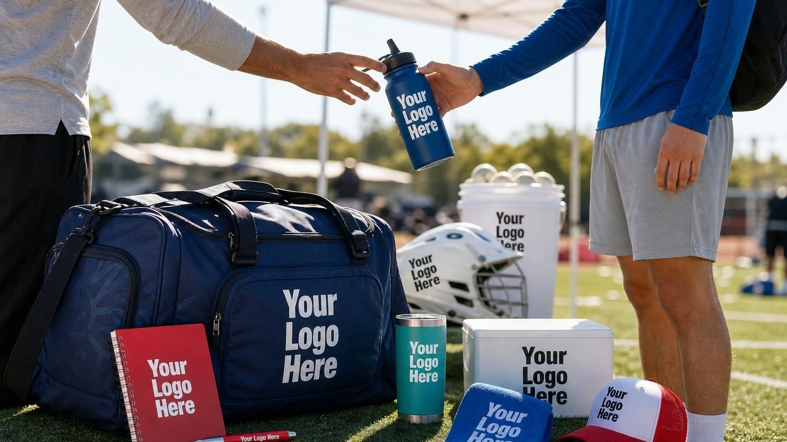 A custom lacrosse gear bag and squeeze water bottle on a turf field sideline during spring practice.