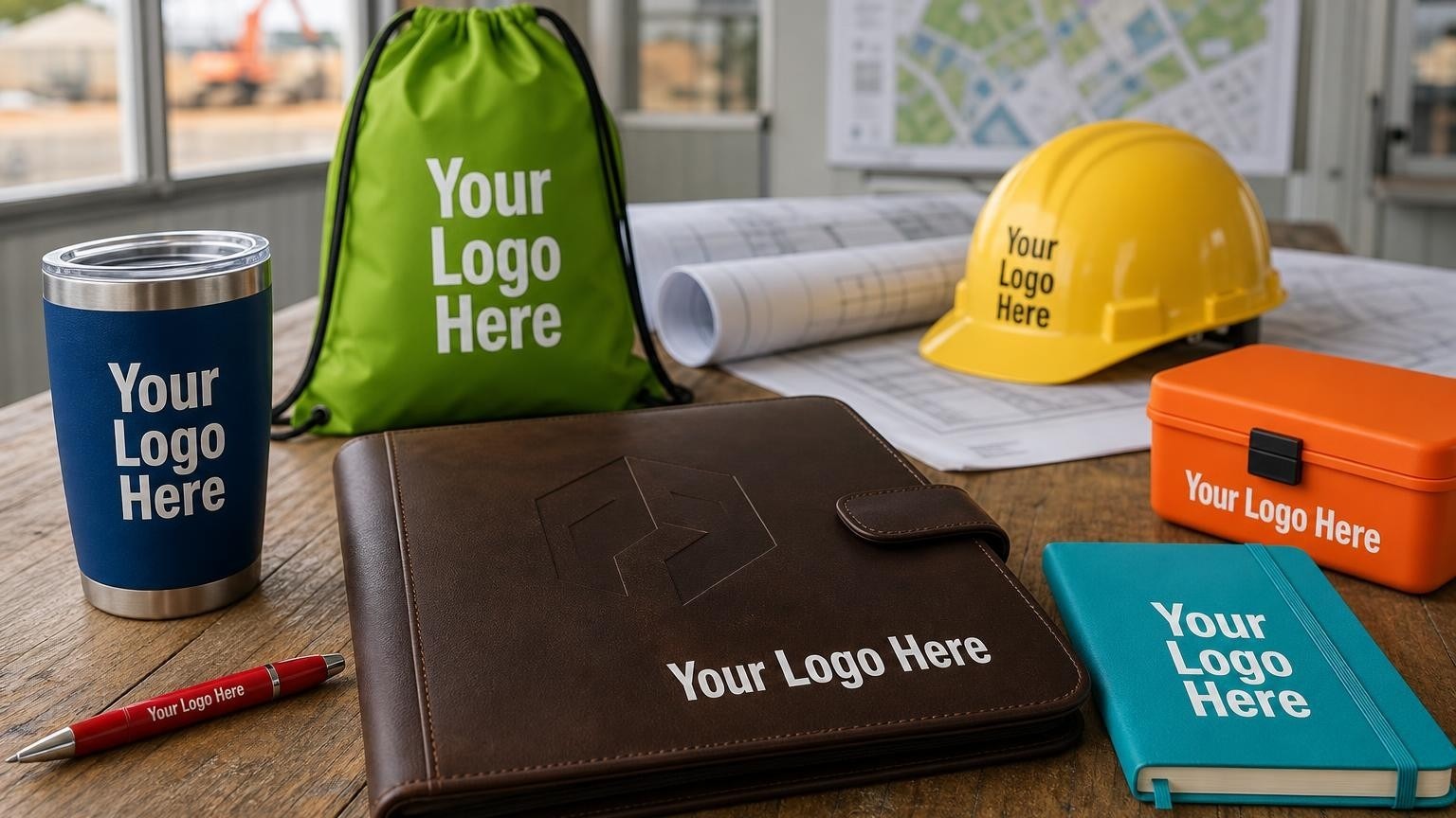 A high-end debossed leather portfolio resting on a wooden table inside a land developer's site trailer office, with blueprints and a hard hat blurred in the background.