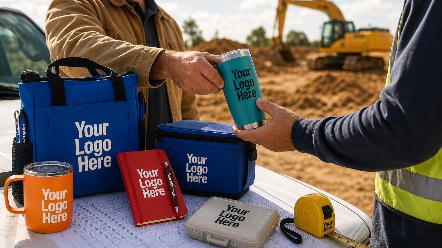A heavy-duty custom tape measure resting on unrolled site grading plans on a truck hood, with an excavator operating in the background.