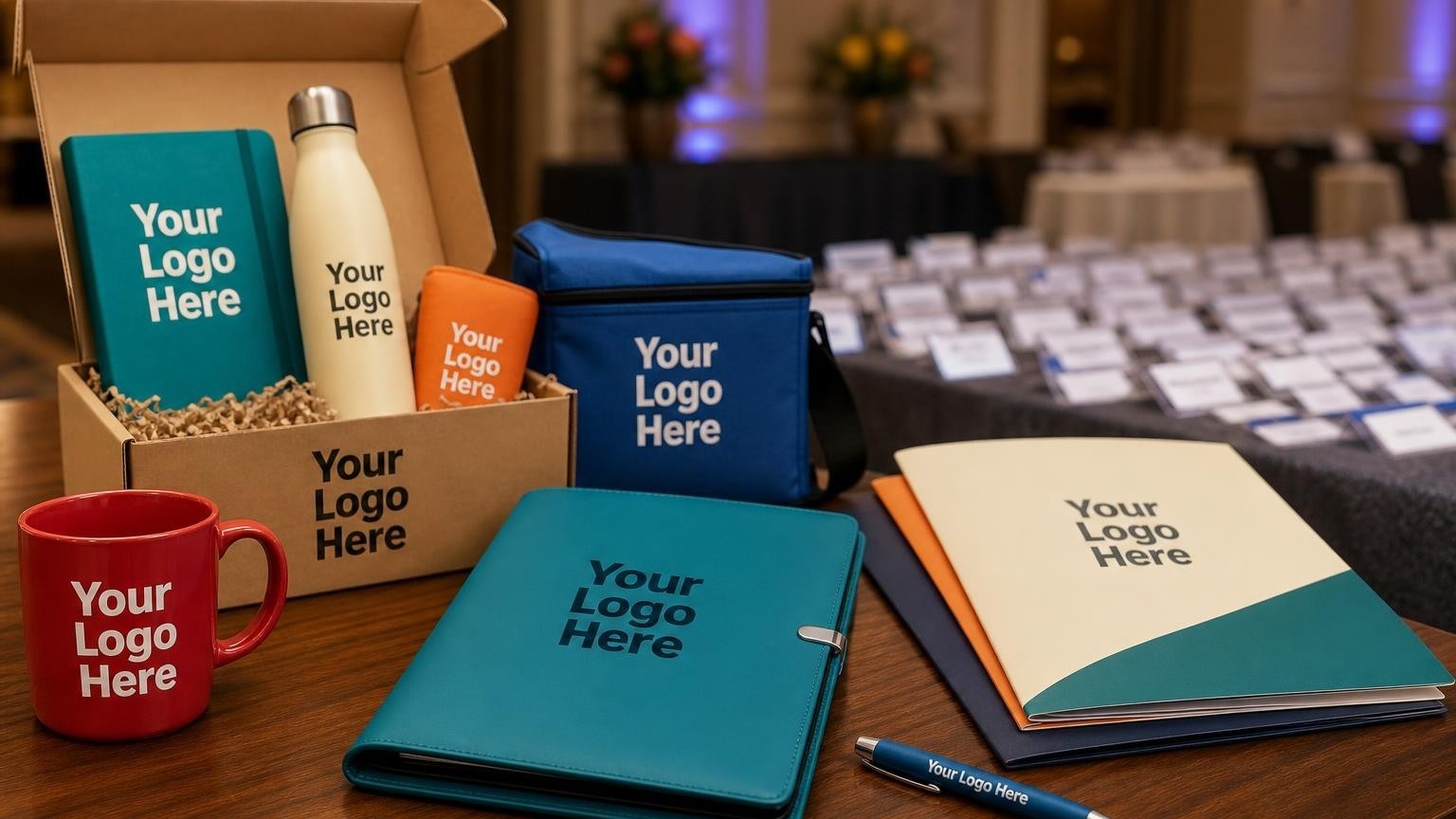 A professional black portfolio and metal pen on a registration desk at a landlord association conference.