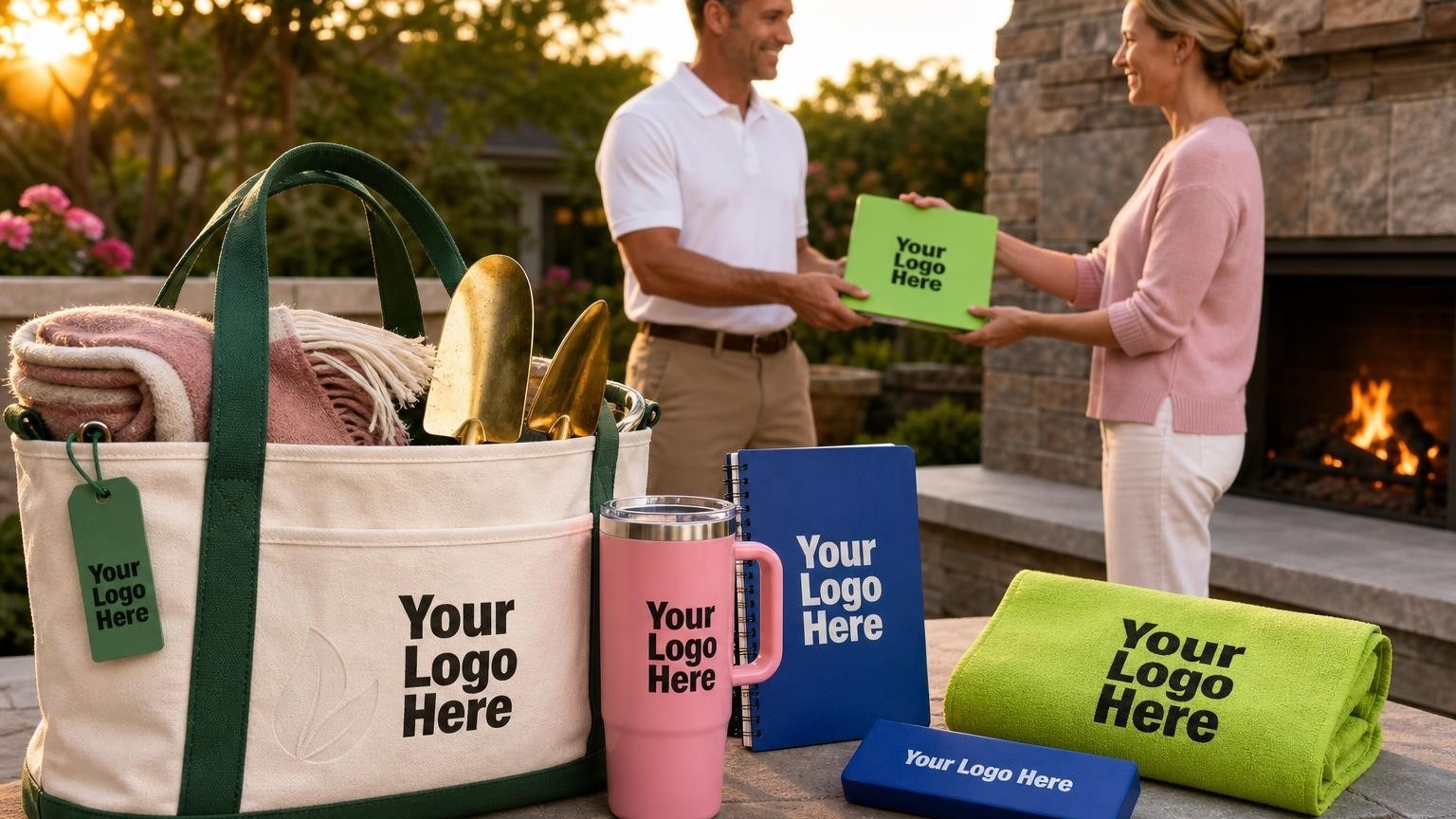 A high-grade canvas tool tote with brass-handled garden tools and a wool blanket sitting on a pristine bluestone patio next to a burning outdoor fireplace.