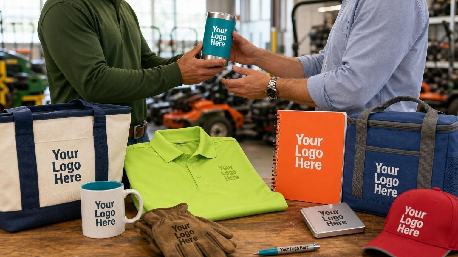 A high-visibility safety green performance polo shirt with a subtle custom emblem lying on a workbench in a landscape maintenance warehouse.