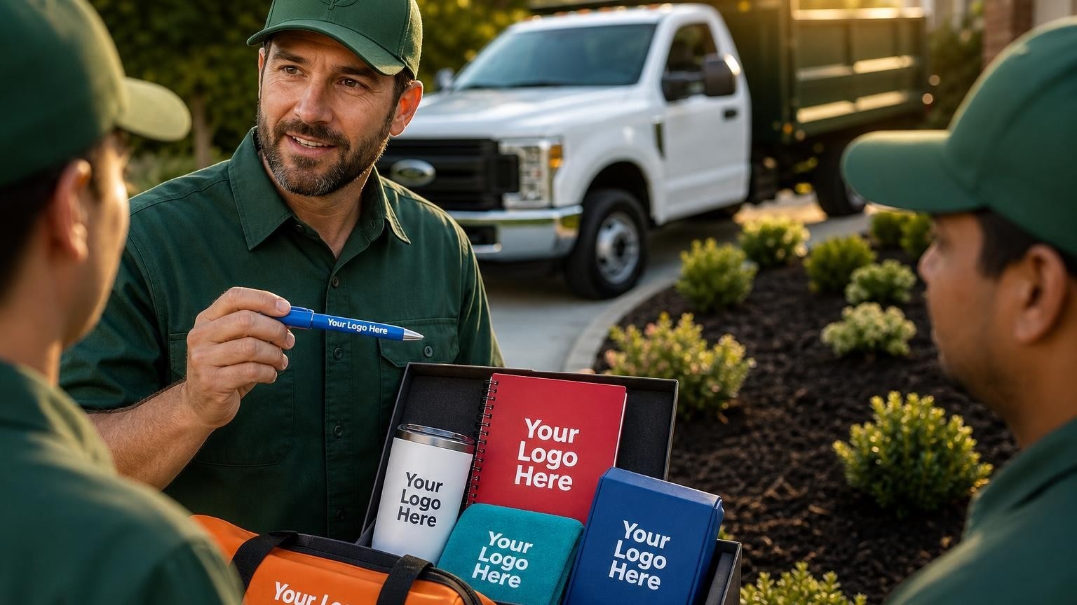 A custom embroidered landscaping crew hat held by a team leader in front of a professional work truck and a freshly landscaped residential yard.