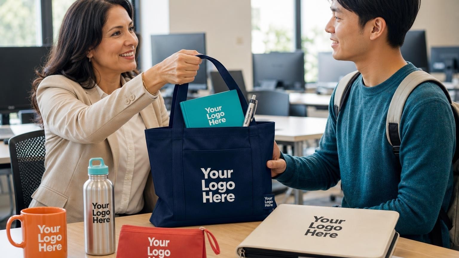 A language school director hands a custom welcome tote bag containing a notebook and pencil to a student in a language lab.
