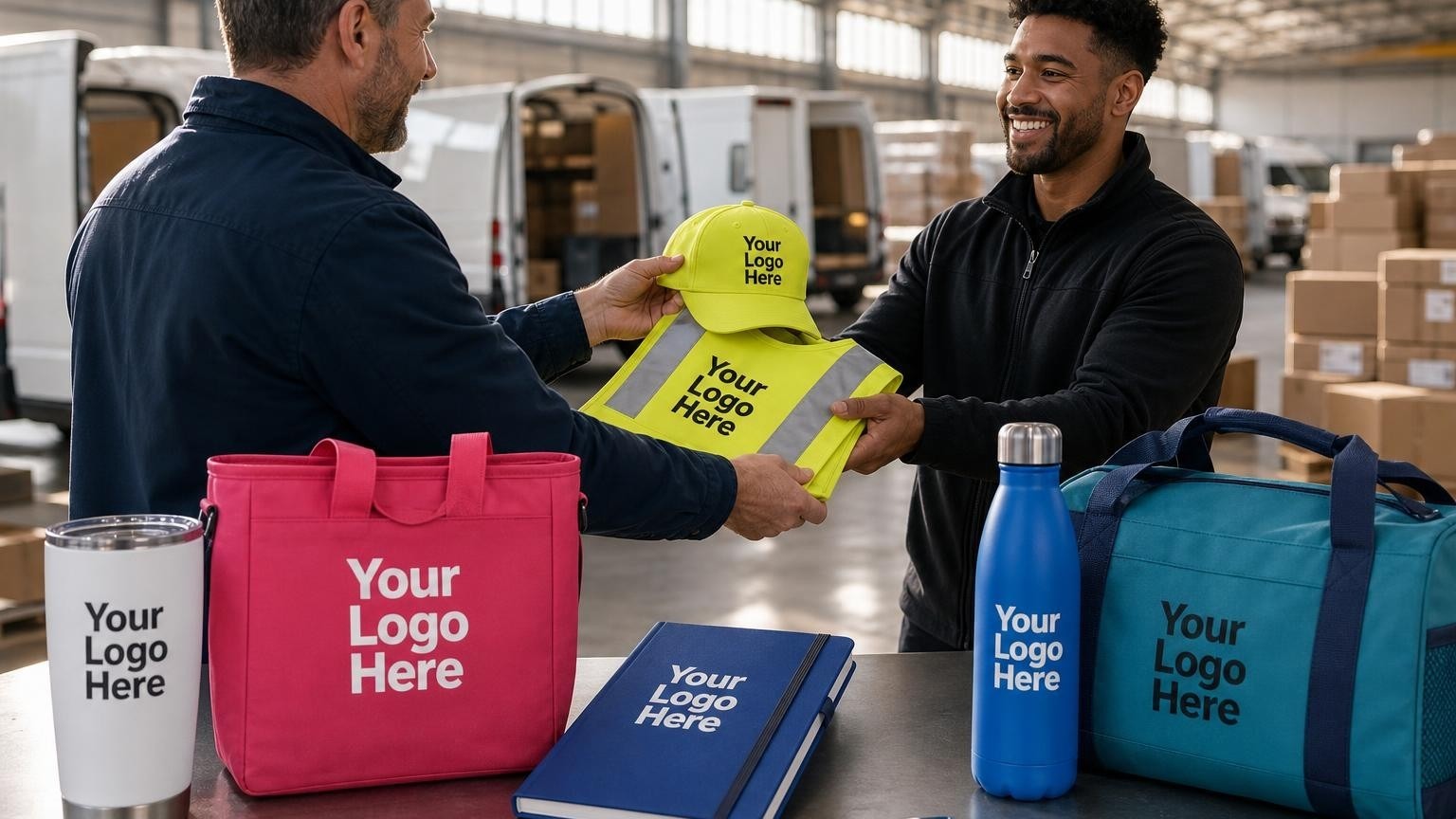 A fleet manager handing a high-visibility safety vest and cap to a delivery driver at a busy logistics hub.