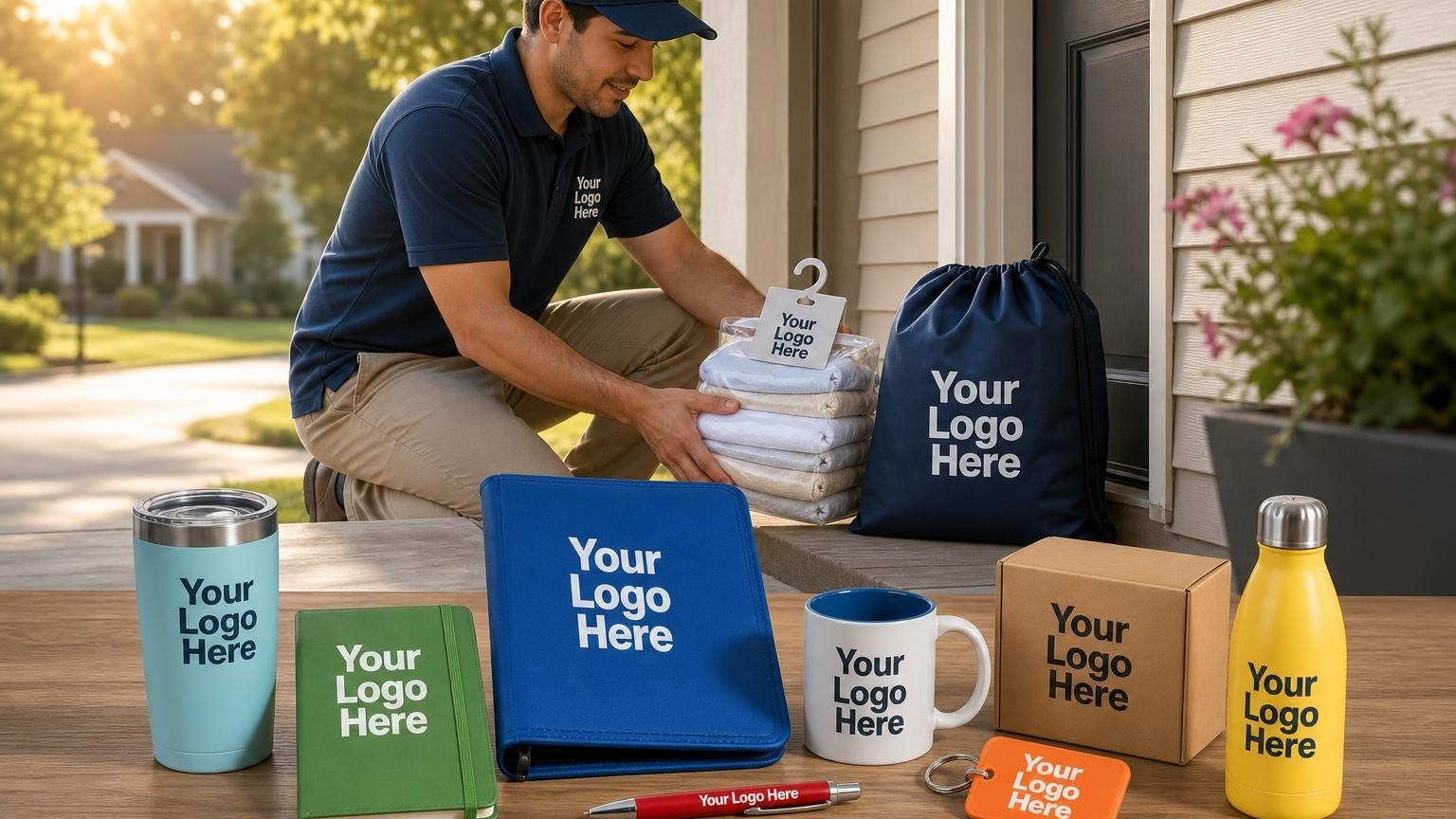 A professional route delivery driver placing a clean bundle of laundry on a doorstep next to a custom-branded laundry bag.