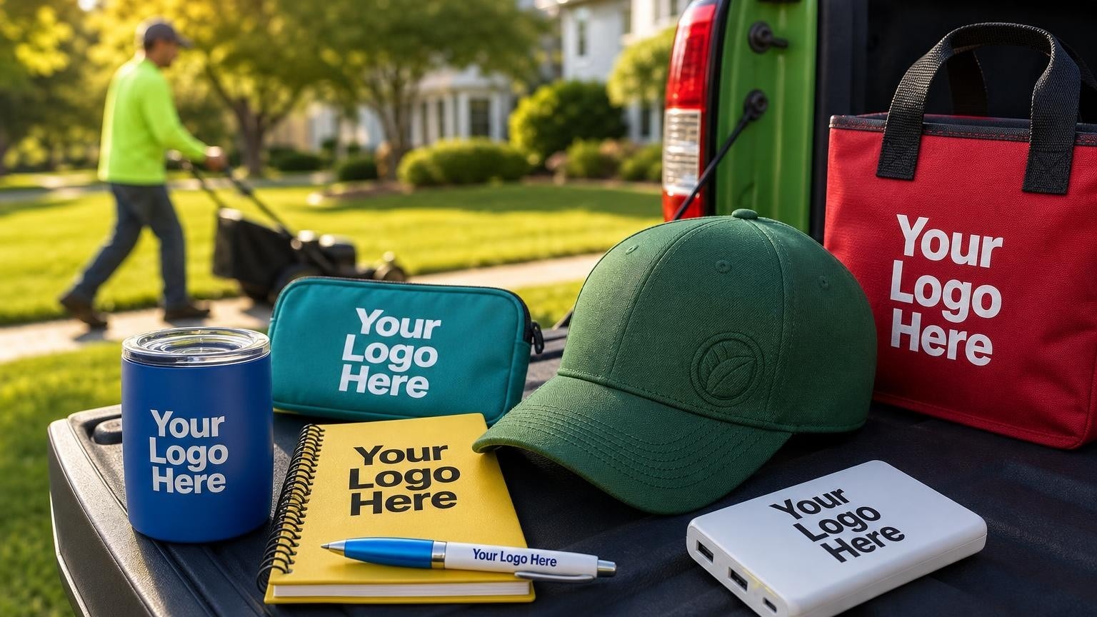 A custom embroidered lawn care crew hat resting on a service truck tailgate with a crew member mowing a lawn in the background.