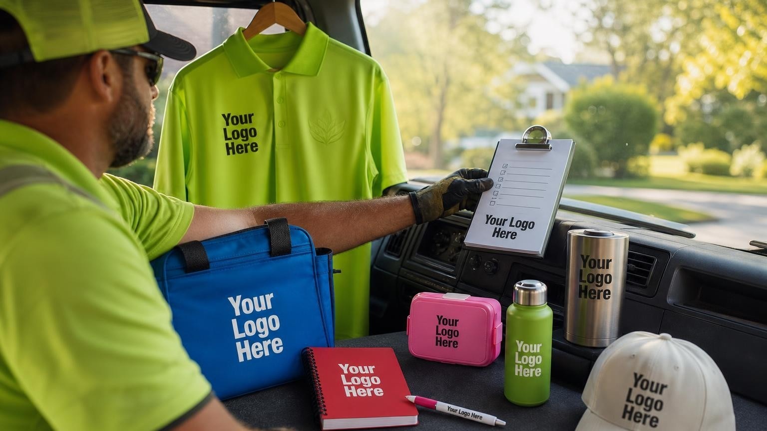A custom high-visibility crew polo shirt and a magnetic clip holding a checklist inside a lawn care truck cab.