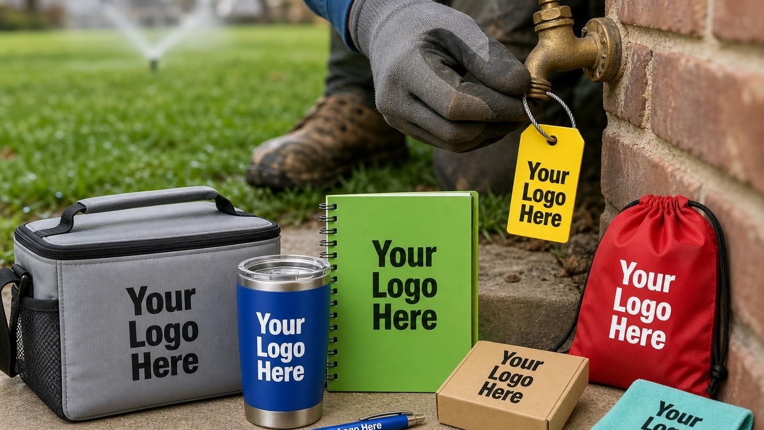 A custom-branded weatherproof key tag attached to an outdoor water spigot on a residential property.