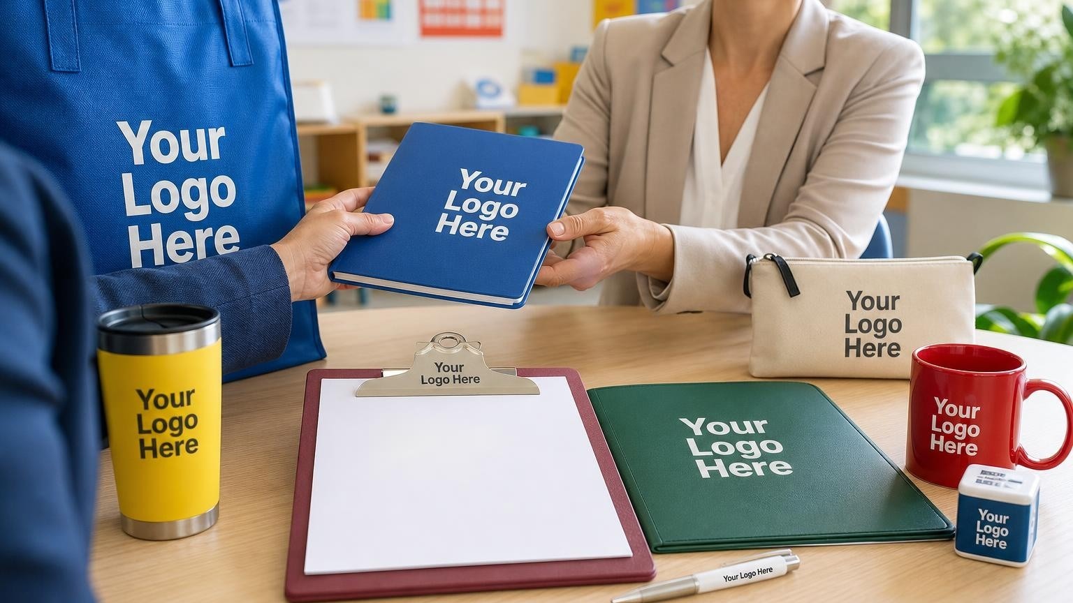 A professional custom clipboard and folder arranged on a conference table in a modern learning disability center, prepared for an IEP alignment meeting.