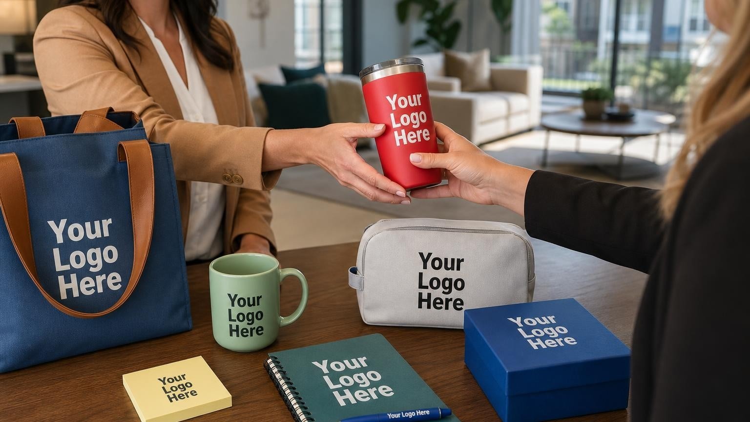 A custom ceramic mug and sticky note pad on a leasing office desk with a model apartment in the background.