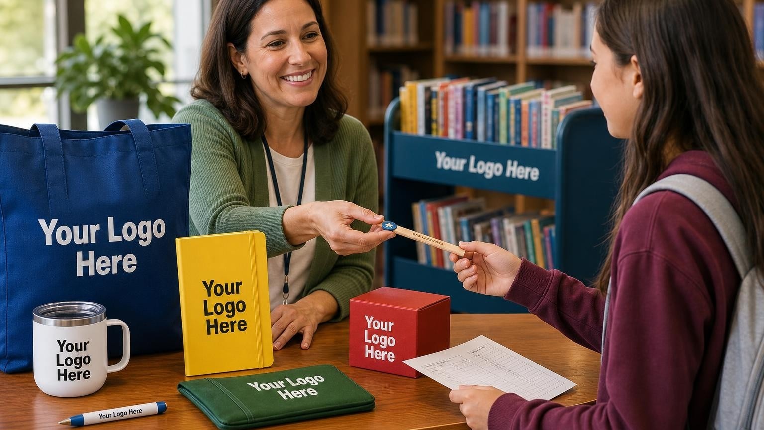 A custom pencil and reading button on a library circulation desk with a student and librarian in the background.