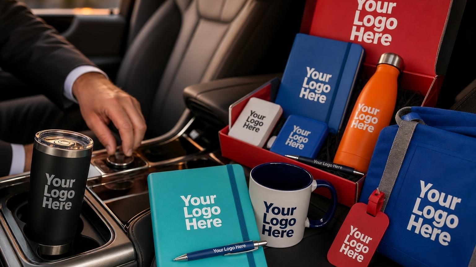 A custom insulated tumbler resting in the center console cup holder of a luxury SUV cabin during an evening transfer.