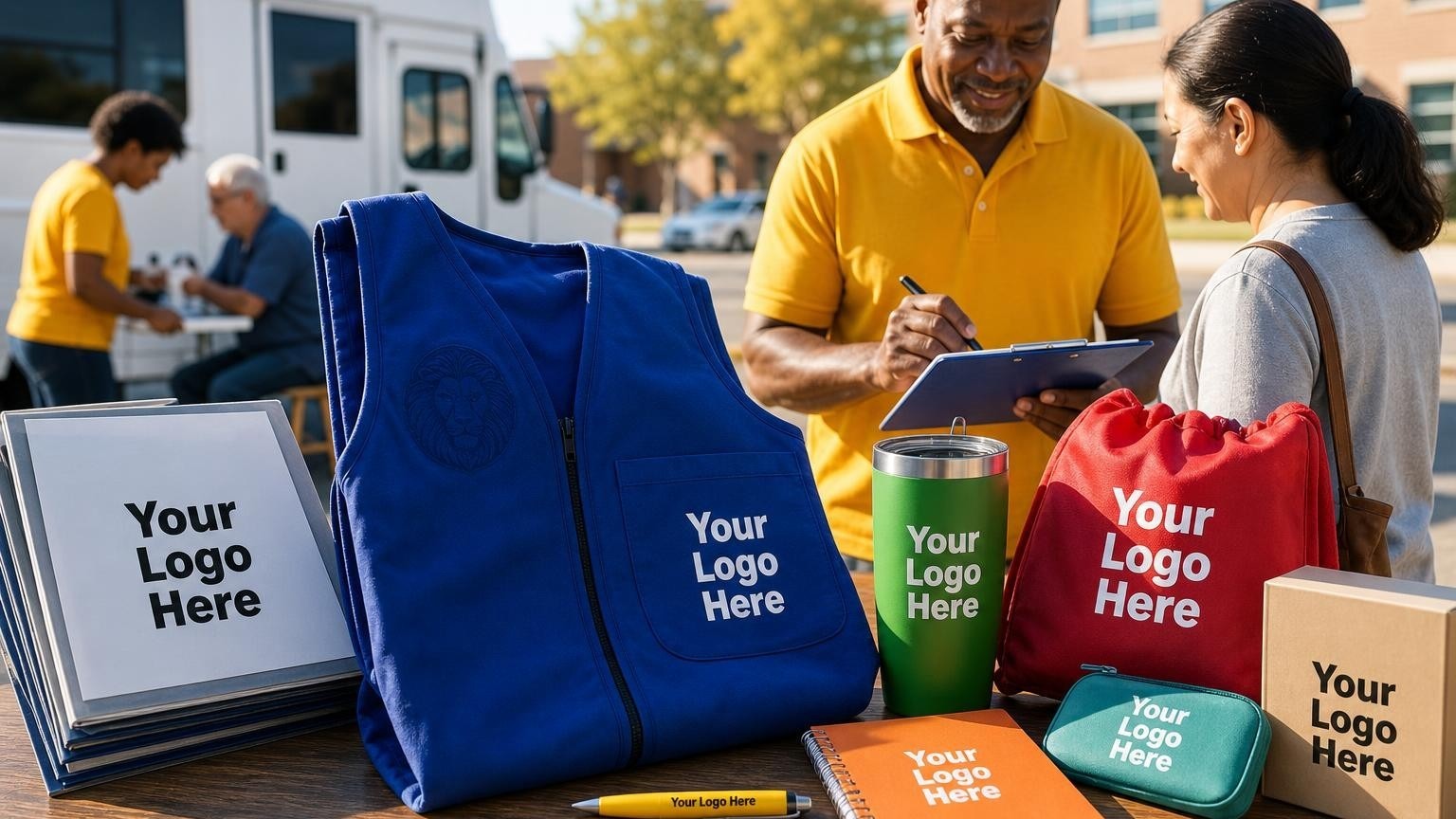 A royal blue volunteer vest and welcome folders prepared on a registration table for a Lions Club community vision screening event.
