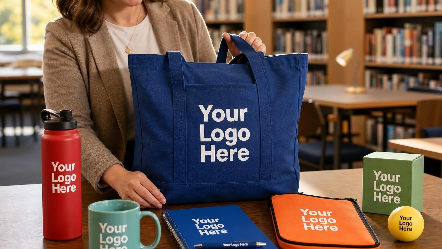 A custom canvas welcome tote bag with a notebook and pencils on a library table, representing a welcome kit for a literacy program.