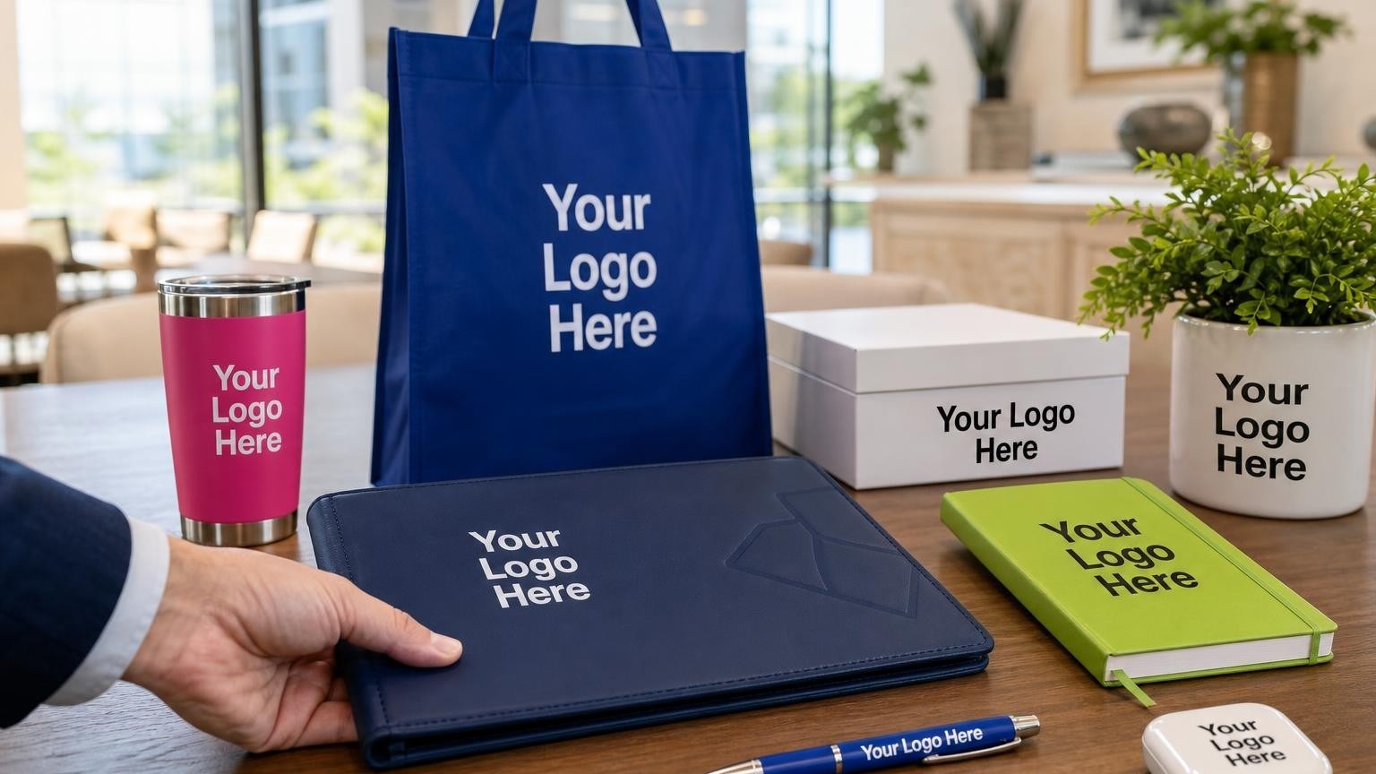 A professional navy blue document portfolio on a wooden table in a title company closing room, ready to be presented to a homebuyer.