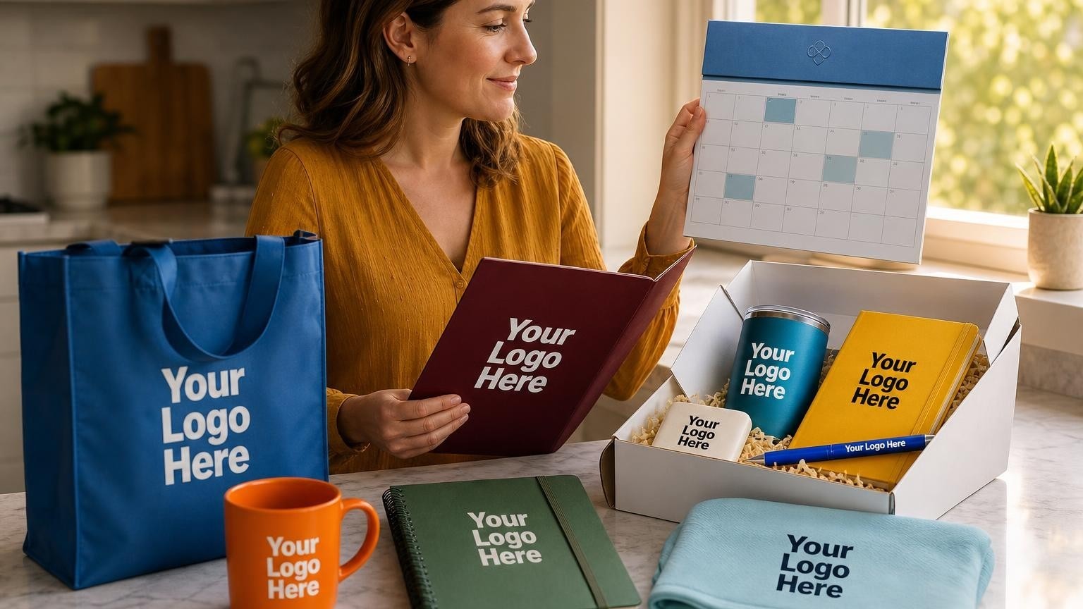 A custom magnetic calendar with highlighted payment dates held by a homeowner reviewing a loan welcome kit at a kitchen counter.