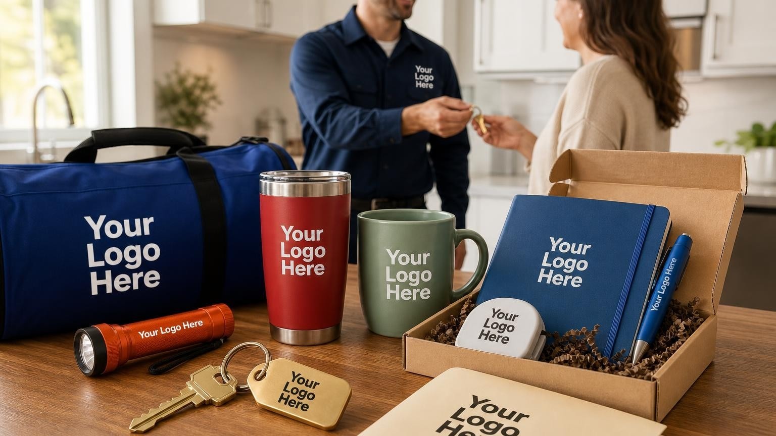 A custom engraved brass key tag and house key resting on a kitchen counter as a locksmith technician hands keys to a homeowner in the background.