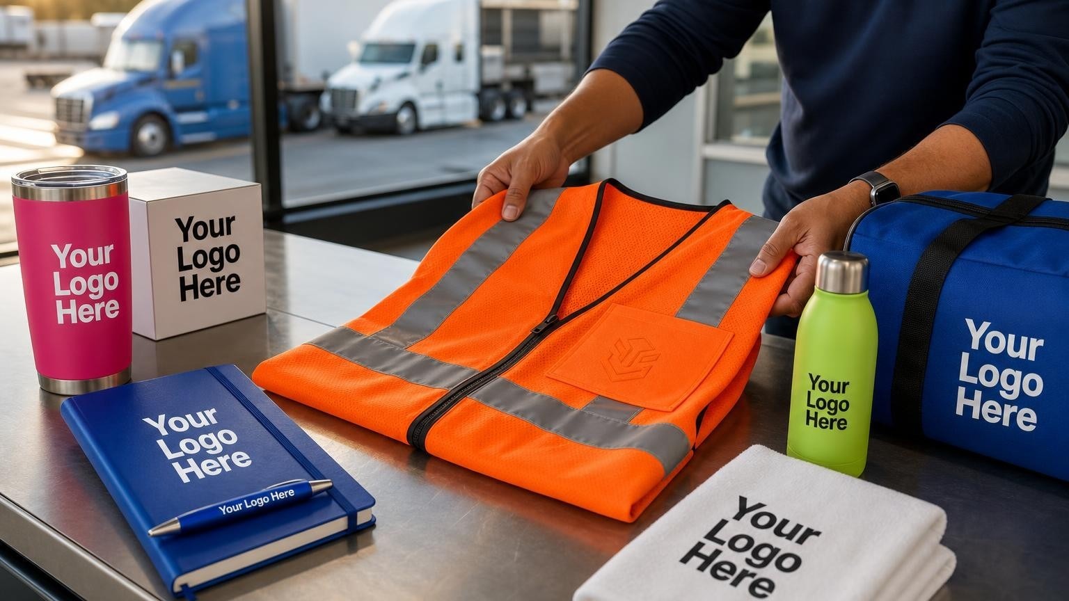 A custom high-visibility safety vest laid flat on a dispatch office counter with freight trucks blurred in the background.