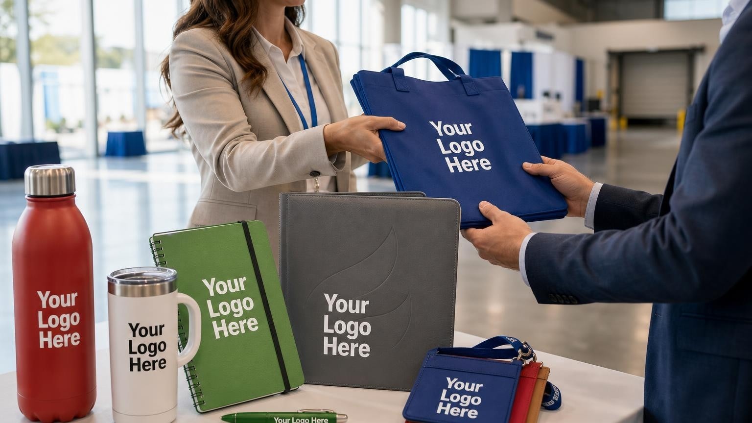 A custom portfolio and badge holders on a registration table at a logistics association conference.