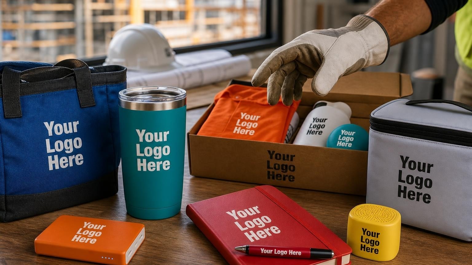 A custom-branded insulated tumbler on a table with blueprints inside a commercial construction jobsite trailer.