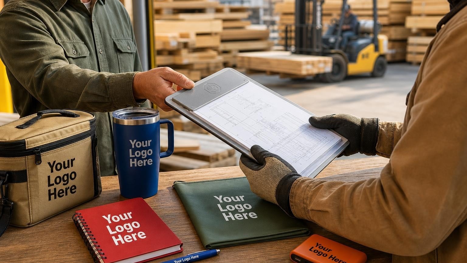 A custom branded aluminum contractor clipboard being handed over a lumberyard counter to a contractor, with wooden lumber stacks in the background.