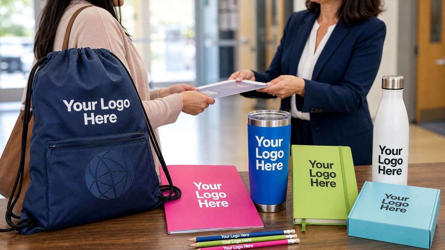 A custom navy blue drawstring bag and school welcome folder on a table during a magnet school registration event.