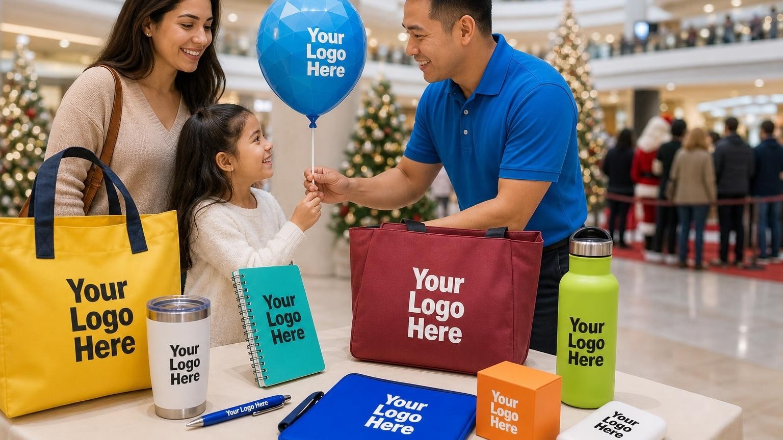 A mall guest services representative handing a custom-printed balloon to a child in a busy, decorated mall atrium during a holiday event.