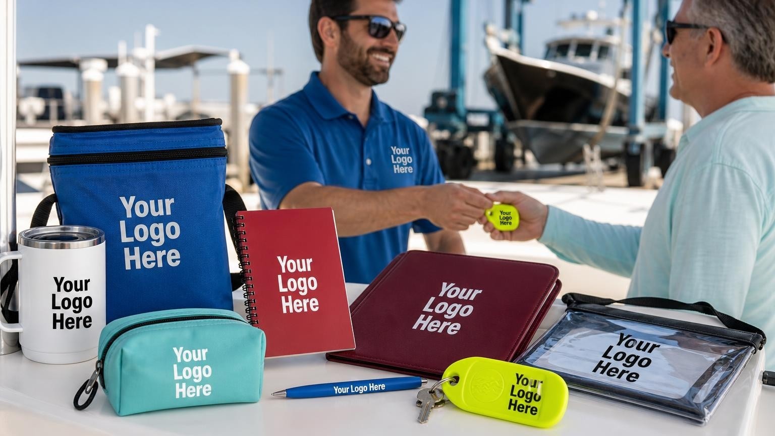 A custom high-visibility floating key tag and water-resistant document pouch on a boat console at a sunny marina dock.