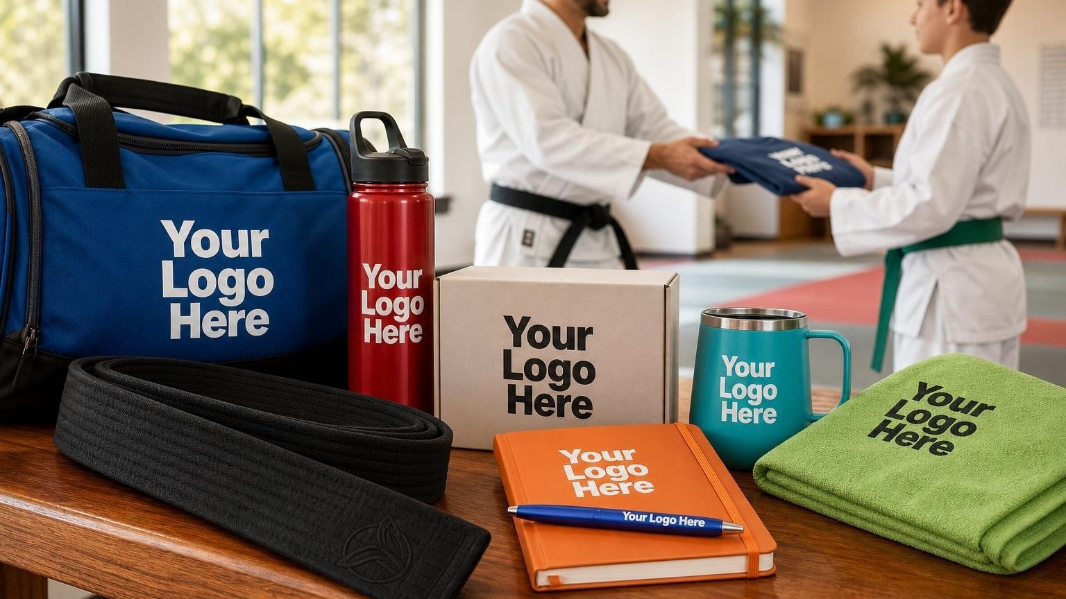 A custom martial arts belt and folded dojo t-shirt being presented to a student on a wooden bench inside a bright training facility.