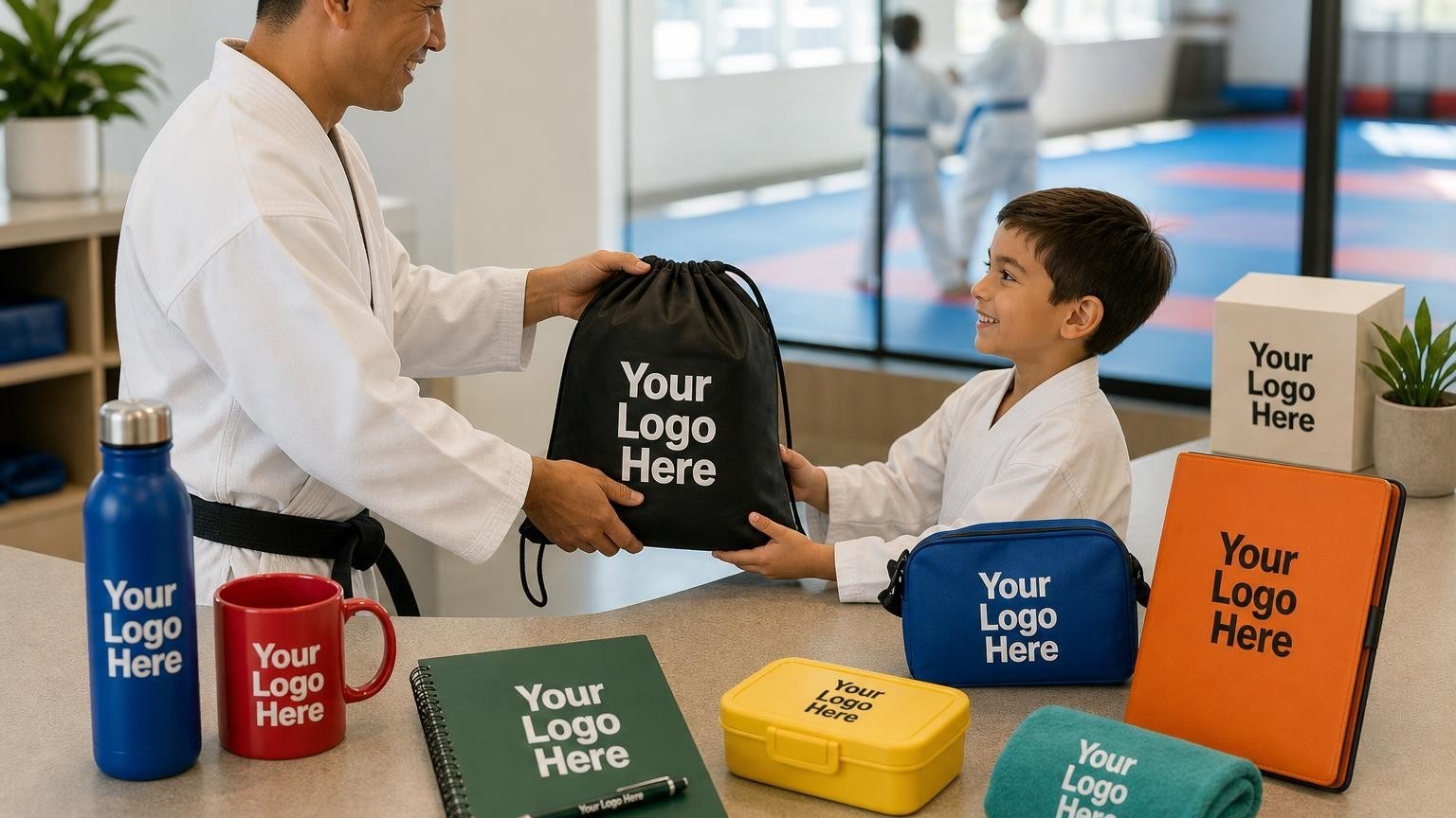 An instructor handing a custom black drawstring gear bag to a young student in a bright martial arts studio lobby.