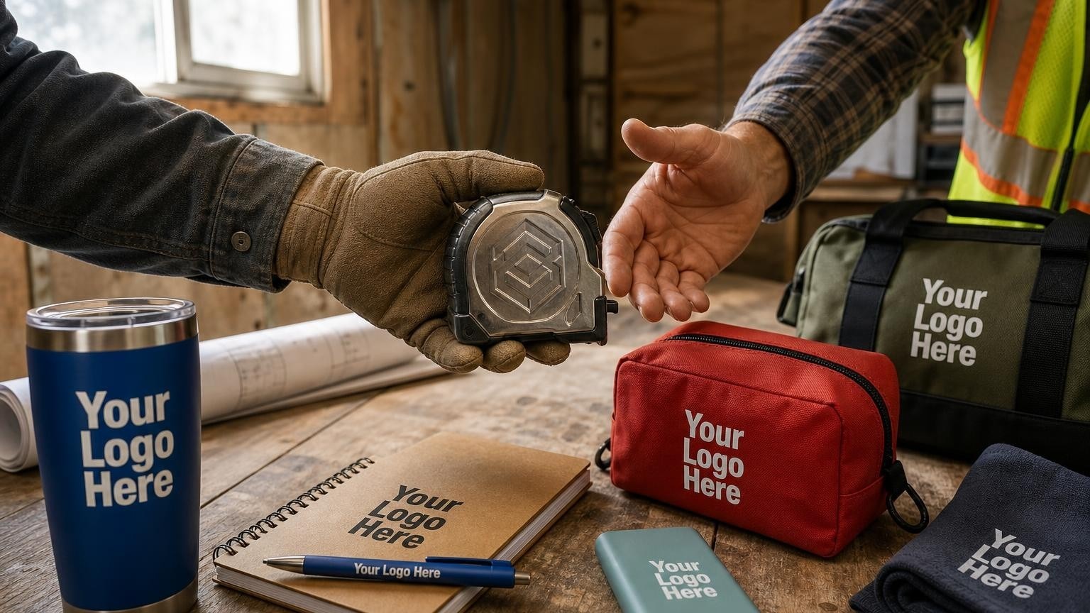 A heavy-duty custom metal tape measure being handed over a wooden table inside a dusty commercial jobsite trailer, with rolled blueprints and a safety hard hat blurred in the background.