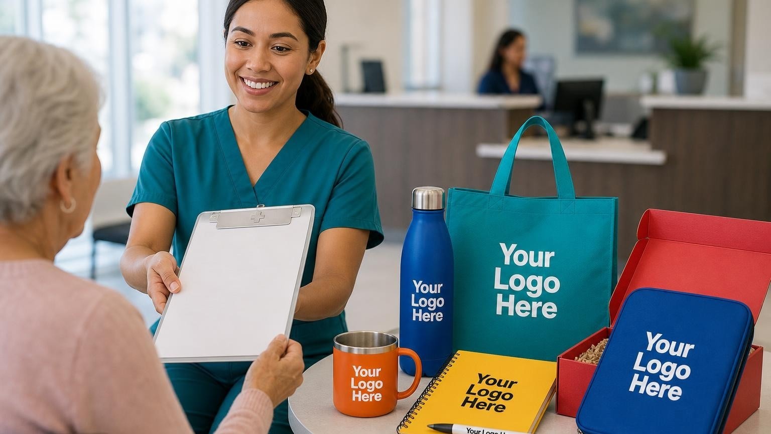 A professional custom aluminum clipboard being handed to a patient in a medical clinic waiting room by a medical assistant student.