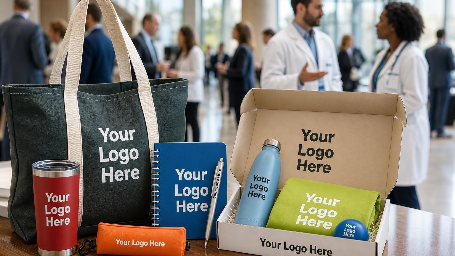 A custom charcoal grey canvas tote bag holding a matte black insulated tumbler and a professional journal on a registration counter at a medical conference.