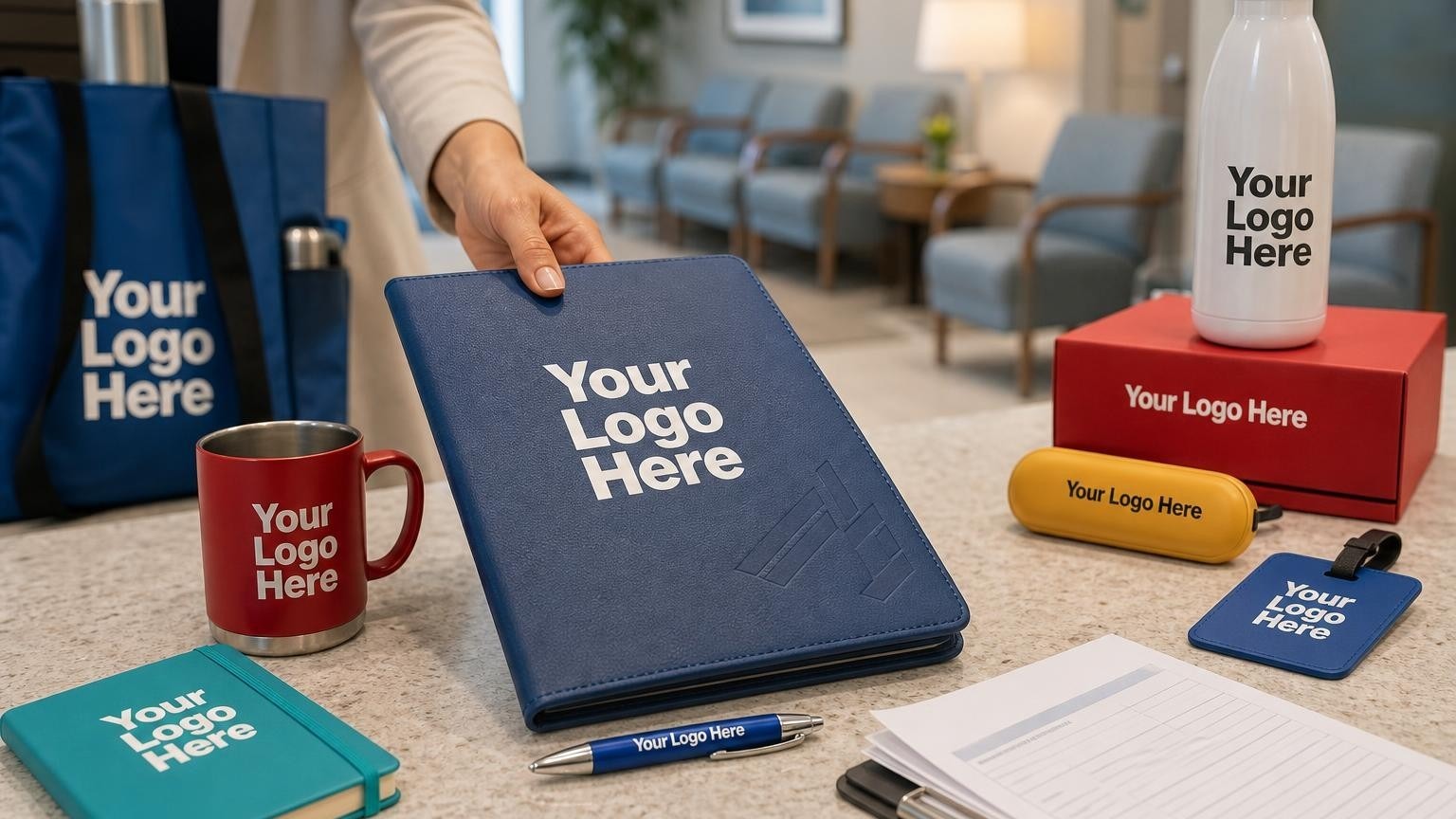 A professional custom note padfolio and sleek pen resting on a medical clinic front-desk counter, symbolizing organized client onboarding.