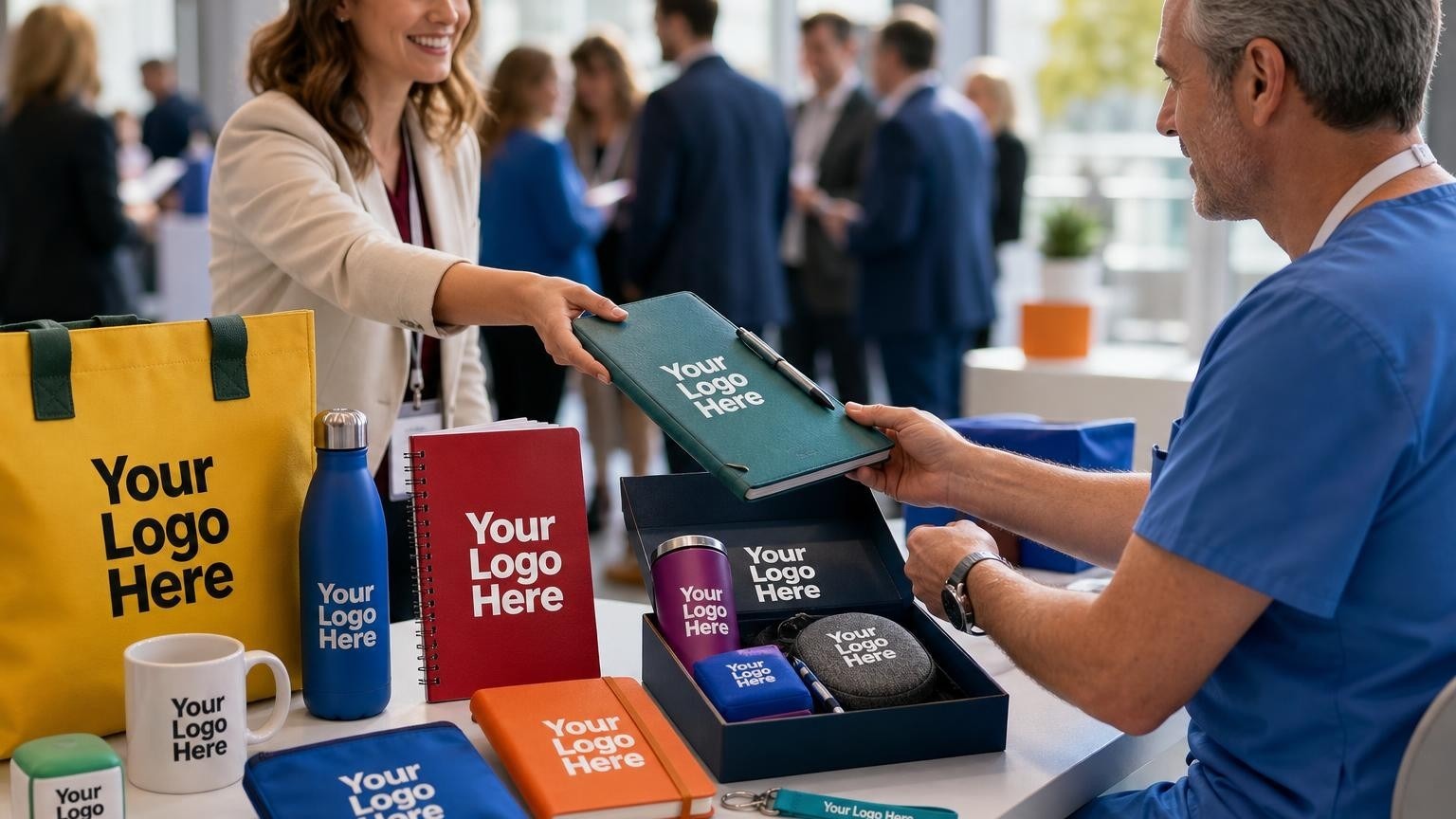 A structured linen portfolio and metal stylus pen being presented to a clinician at a medical conference booth.