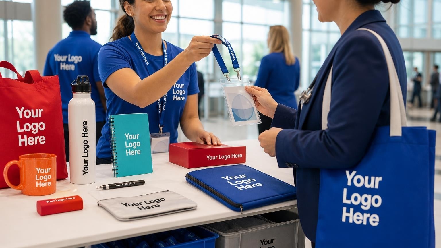 A professional double-clip lanyard and badge holder being handed to a physician at a medical conference registration desk.