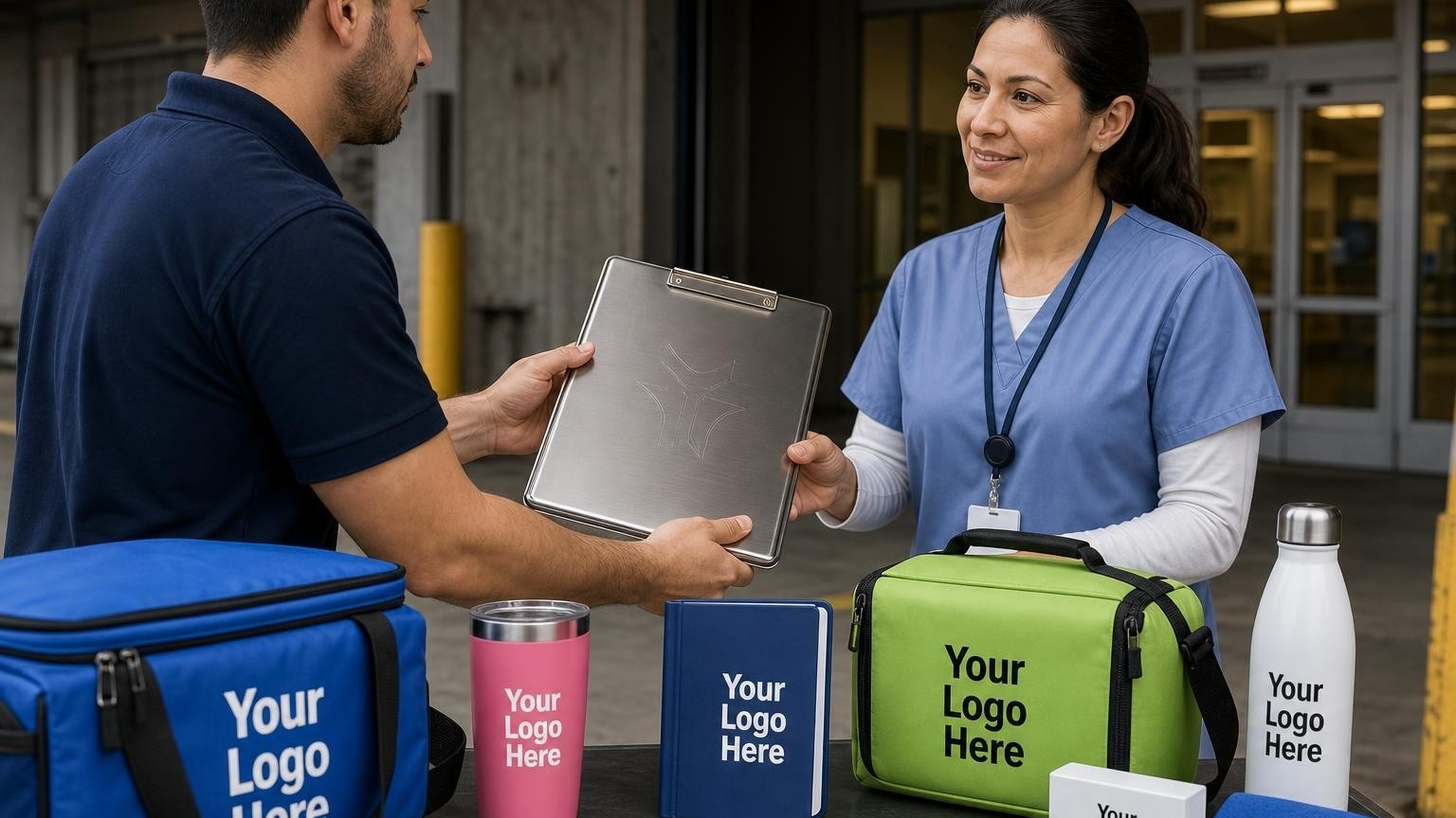 A professional medical courier driver handing a secure aluminum clipboard to a hospital coordinator at a loading dock.