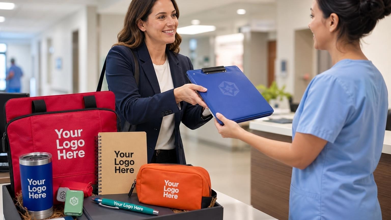 A medical sales representative handing a custom-branded clipboard with reference materials to a hospital nurse in a bright corridor.