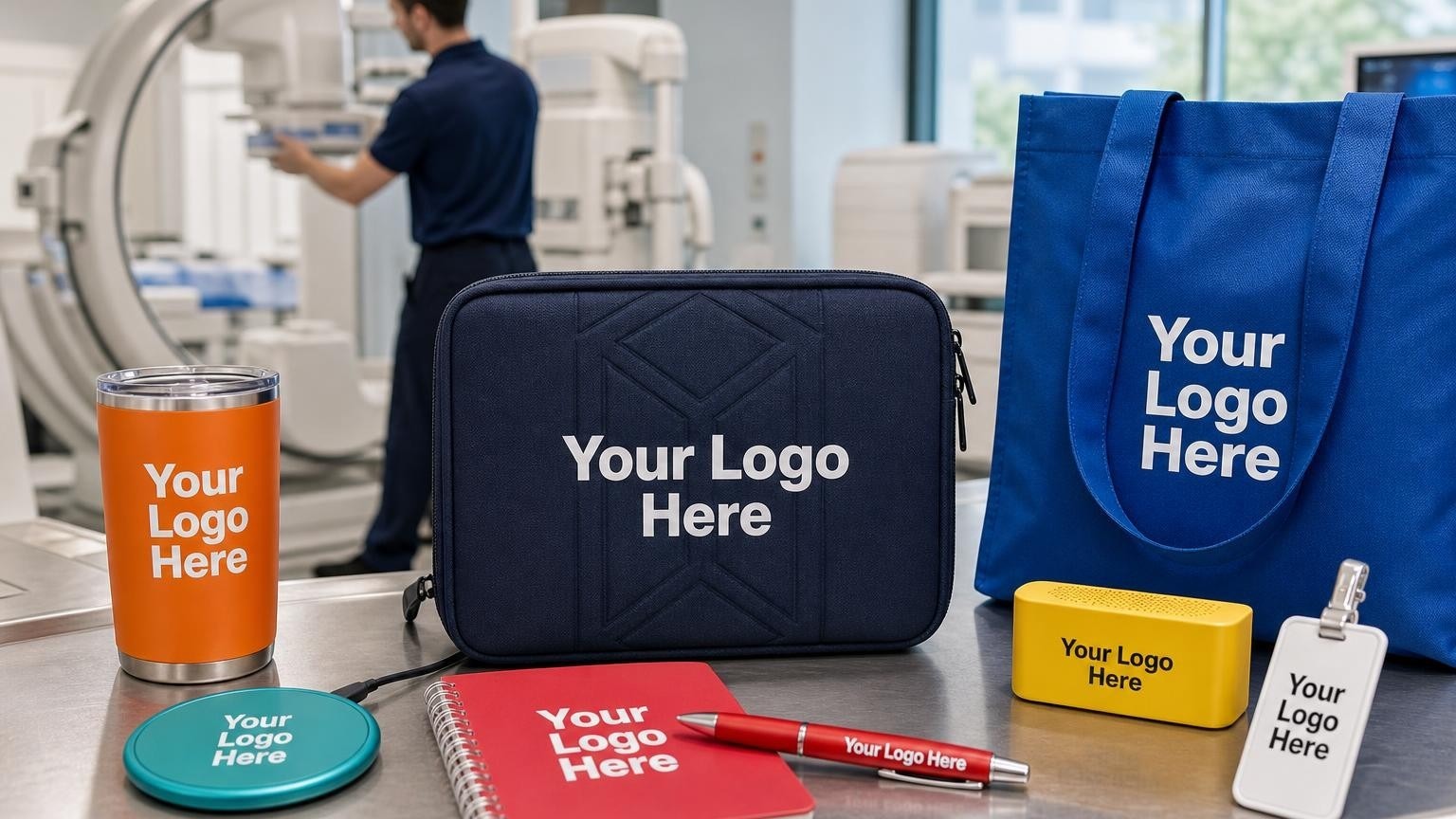A custom branded tech organizer on a hospital counter with a technician servicing medical equipment in the background.