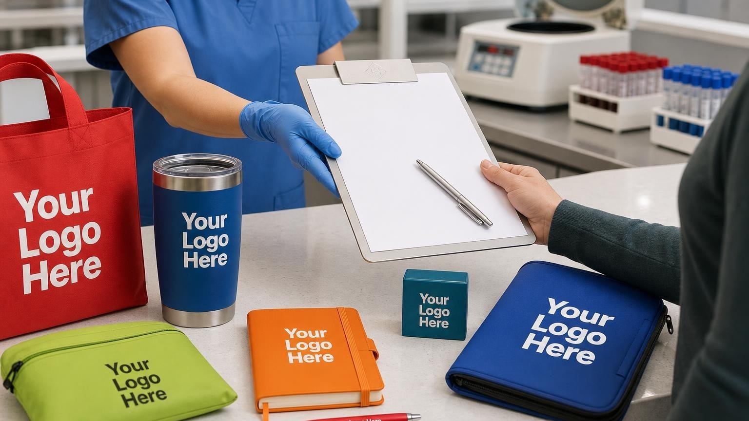 A custom aluminum clipboard and metal pen held by a clinic nurse at a specimen collection station.